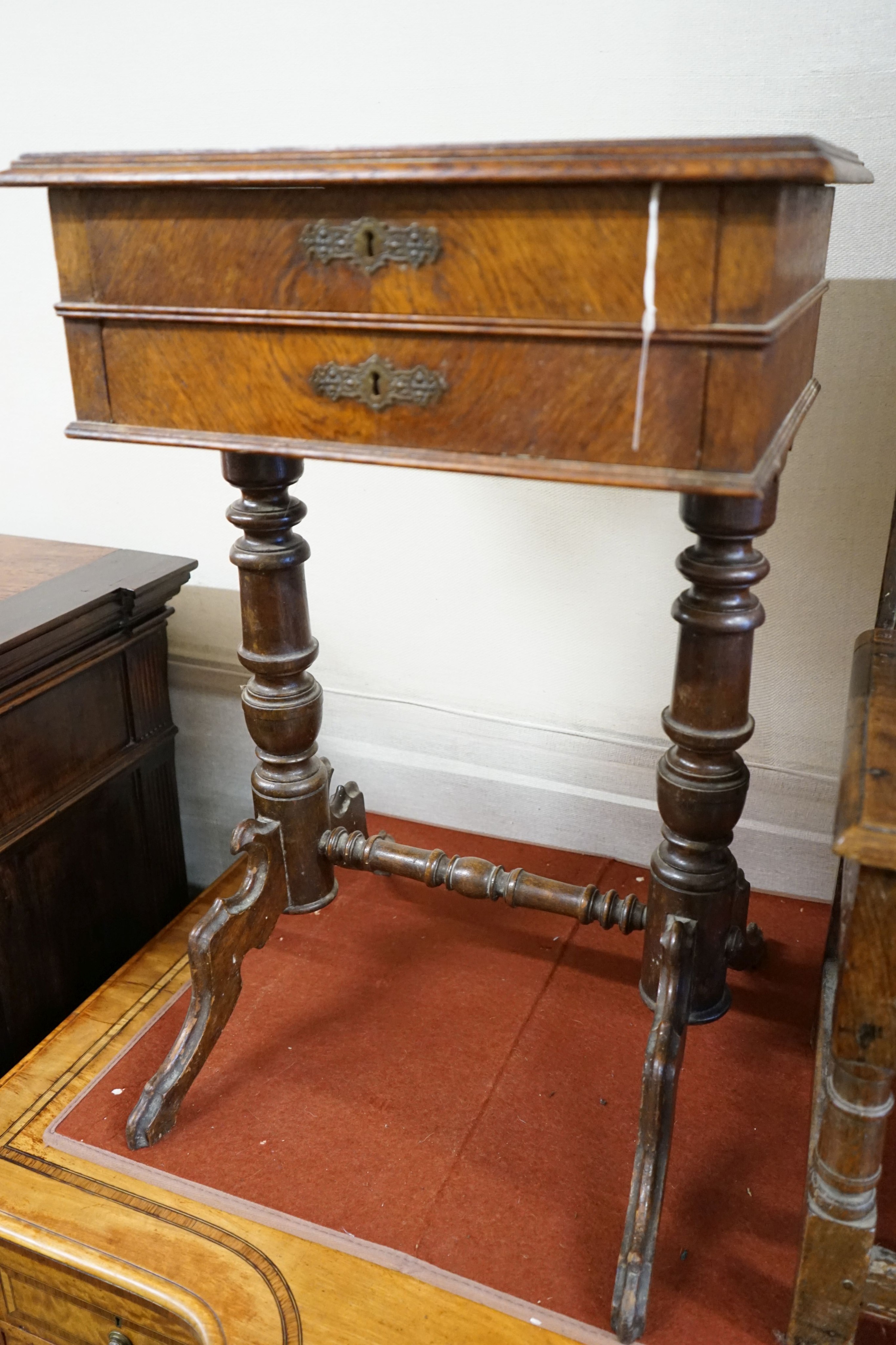 A 19th century French oak work table, width 50cm, depth 42cm, height 77cm